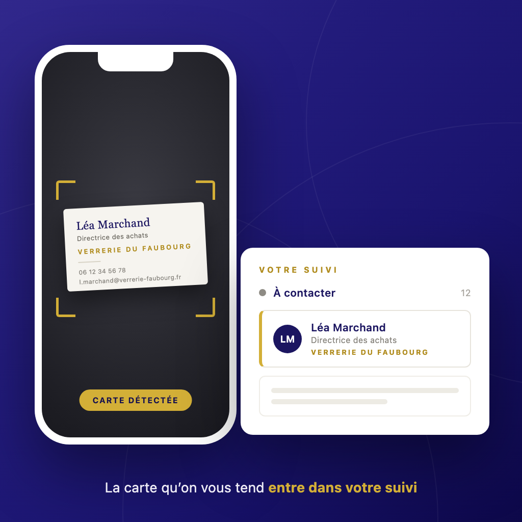 Un iPhone photographie une carte de visite en papier, et la fiche du contact apparaît dans le suivi